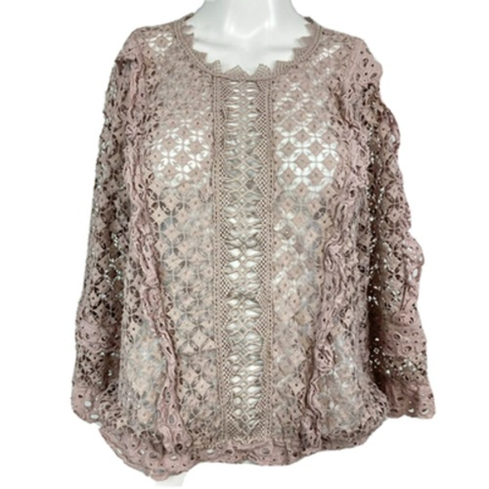 Cliche Sweater Sz‎ M Smoky Taupe Purple Open Knit Crochet Pullover Zip Neck Top